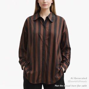 Aerie L/G Brown Black Striped Oversized Button-Down Shirt Cotton